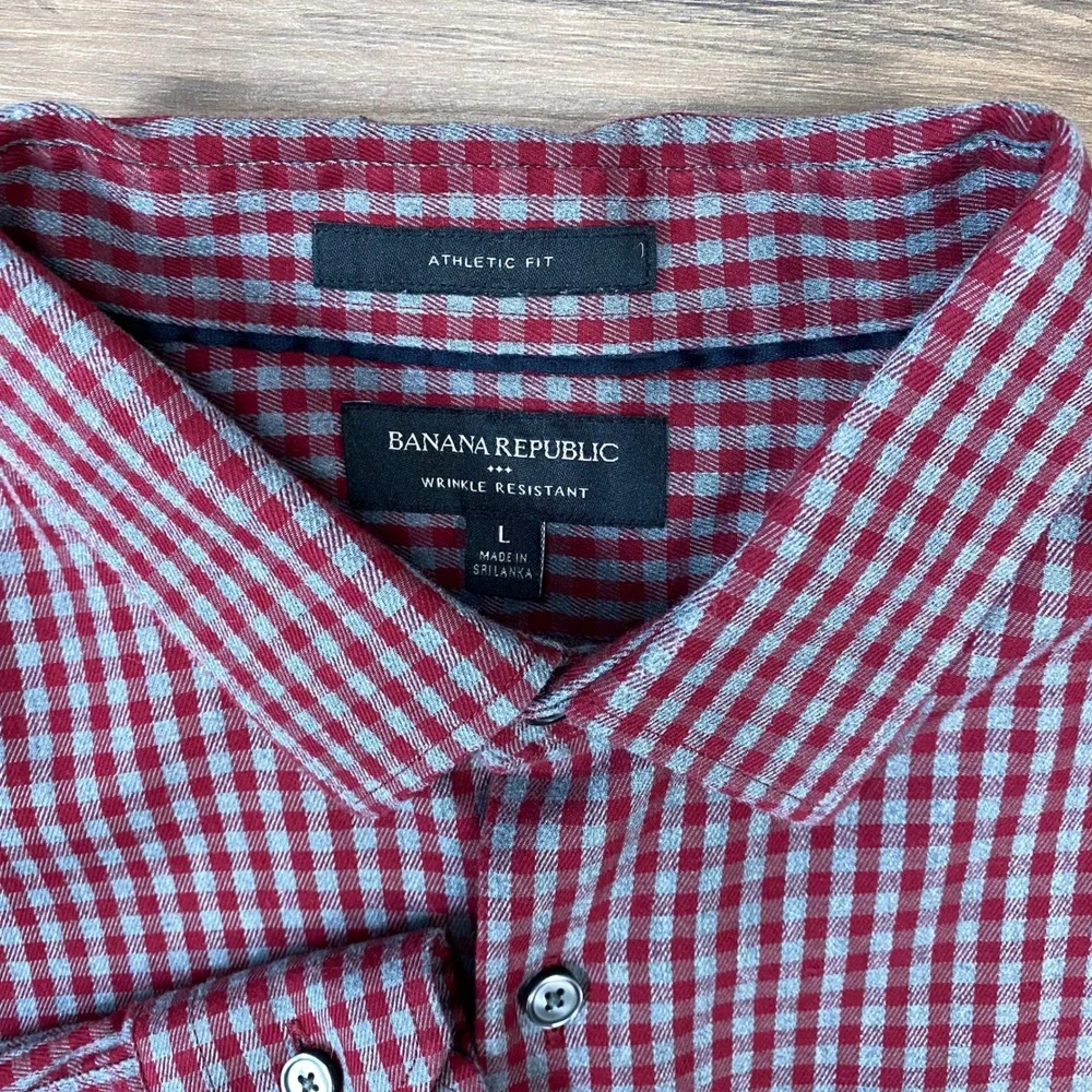Banana Republic Flannel Shirt Mens L Gingham Cotton Athletic Fit Wrinkle Resist